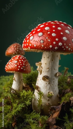 Close-up view of red Amanita muscaria mushrooms with white gills in forest