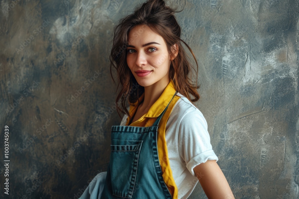 Fototapeta premium Beautiful Young Woman in Apron Cleaning Apartment - Home Cleaning Service Concept