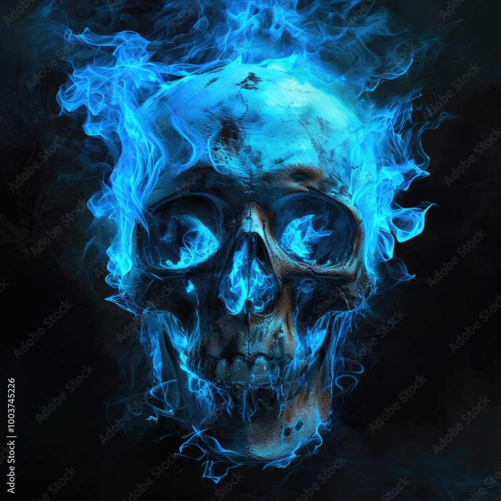 Blue Flame Skull: A Grungy Illustration of Fear and Danger Blue Flame Skull: A Grungy Illustration of Fear and Danger