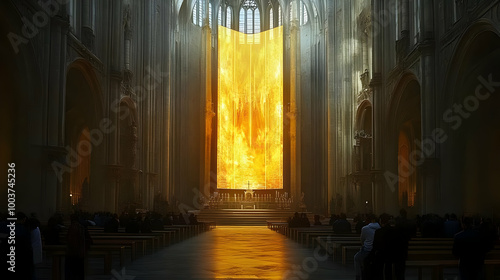 Golden Light in a Cathedral Interior with People in Pews