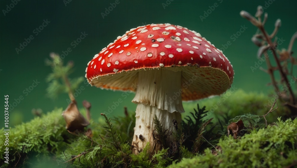 Close-up of a red Amanita muscaria mushroom growing on moss in a forest setting Close-up of a red Amanita muscaria mushroom growing on moss in a forest setting
