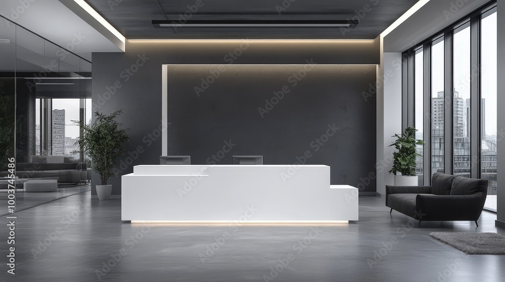 Fototapeta premium Modern White Reception Desk in Contemporary Office Space