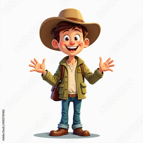 Digital illustration of a young boy wearing a cowboy hat and holding a backpack, standing against a plain background.