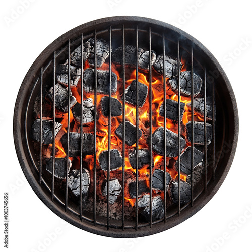 Round charcoal grill with flames and hot coals, isolated on transparent cutout background
