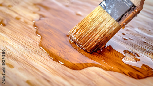 Close-up of a brush applying clear varnish to a smooth wooden surface, highlighting drops of polish on light pine while enhancing the natural grain