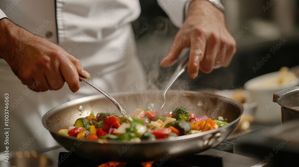 Chef Cooking Colorful Vegetables in Kitchen Chef Cooking Colorful Vegetables in Kitchen
