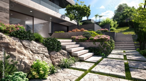 Modern garden and landscaping Design of a hillside plot with stairway and terrace paved with natural stone photo