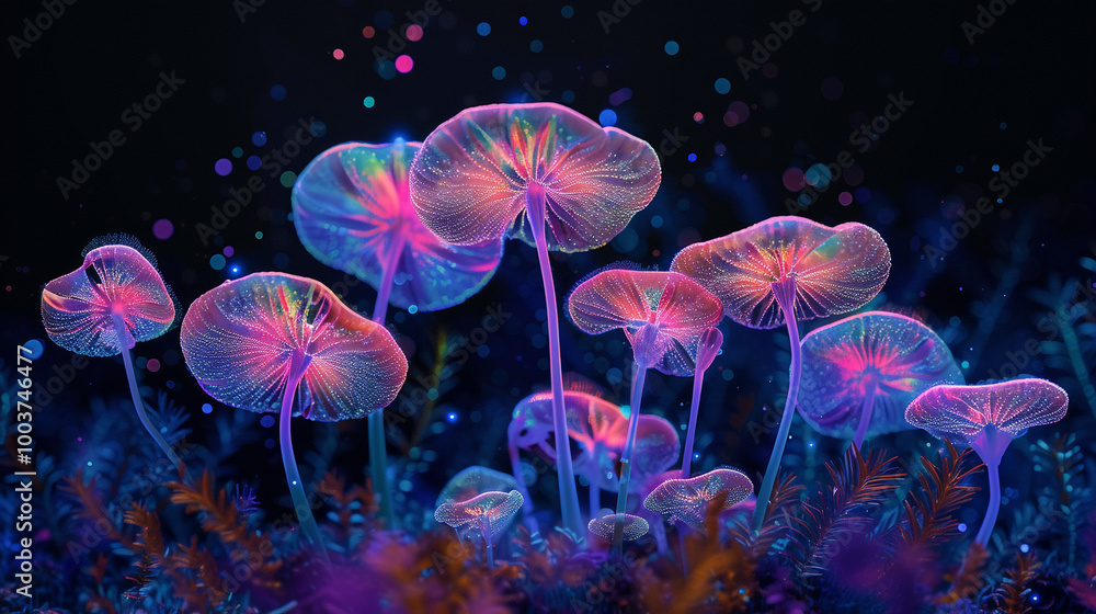 Obraz premium Neon, glowing, magic mushrooms background