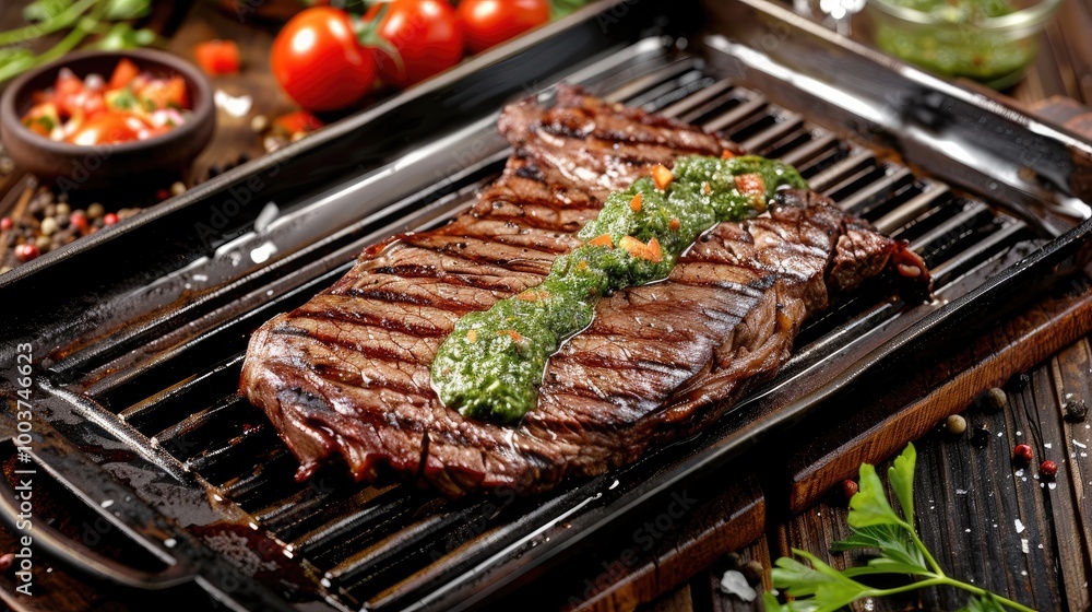 Grilled flank steak with chimichurri sauce on a grill pan on wooden table Grilled flank steak with chimichurri sauce on a grill pan on wooden table