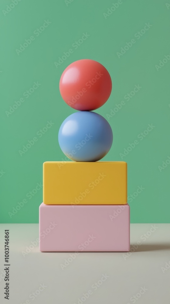 A stack of multicolored balls atop a tri-toned block , against a verdant background A stack of multicolored balls atop a tri-toned block , against a verdant background