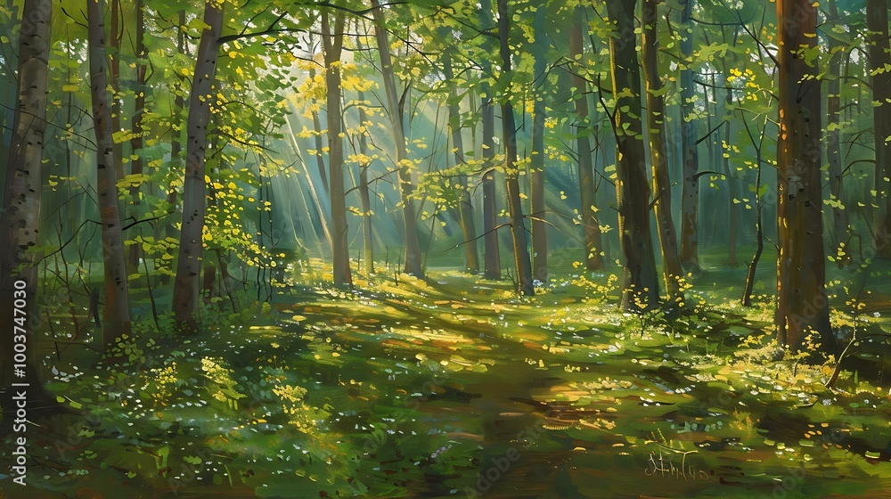 Obraz premium Bright spring morning in a silent forest, sunlight dappling through the leafy branches, creating a calming play of light and shadow on the forest floor