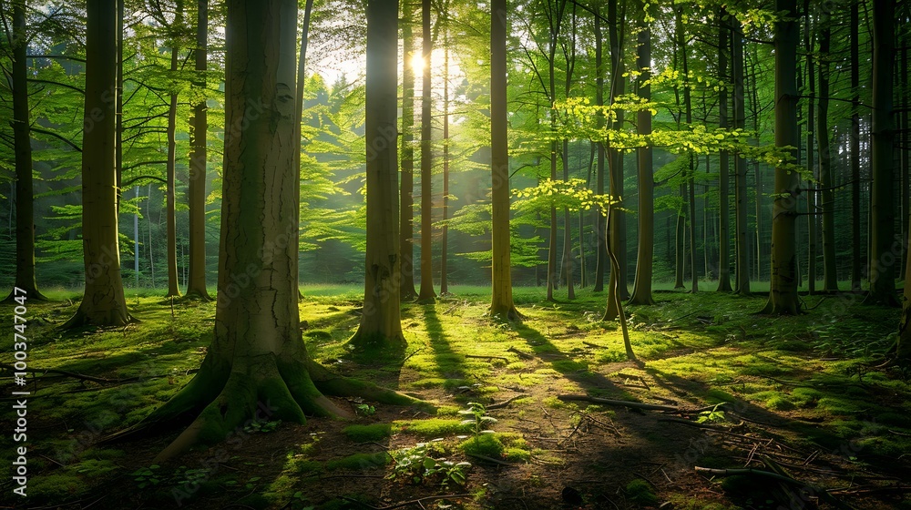 Bright spring morning in a silent forest, sunlight dappling through the leafy branches, creating a calming play of light and shadow on the forest floor Bright spring morning in a silent forest, sunlight dappling through the leafy branches, creating a calming play of light and shadow on the forest floor