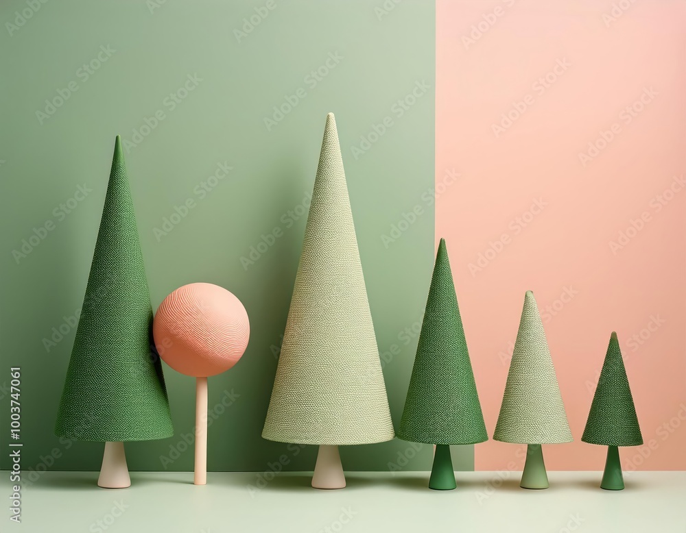 A playful arrangement of cone-shaped trees in soft green hues, each topped with peach spheres, set against a two-tone pink and green background A playful arrangement of cone-shaped trees in soft green hues, each topped with peach spheres, set against a two-tone pink and green background