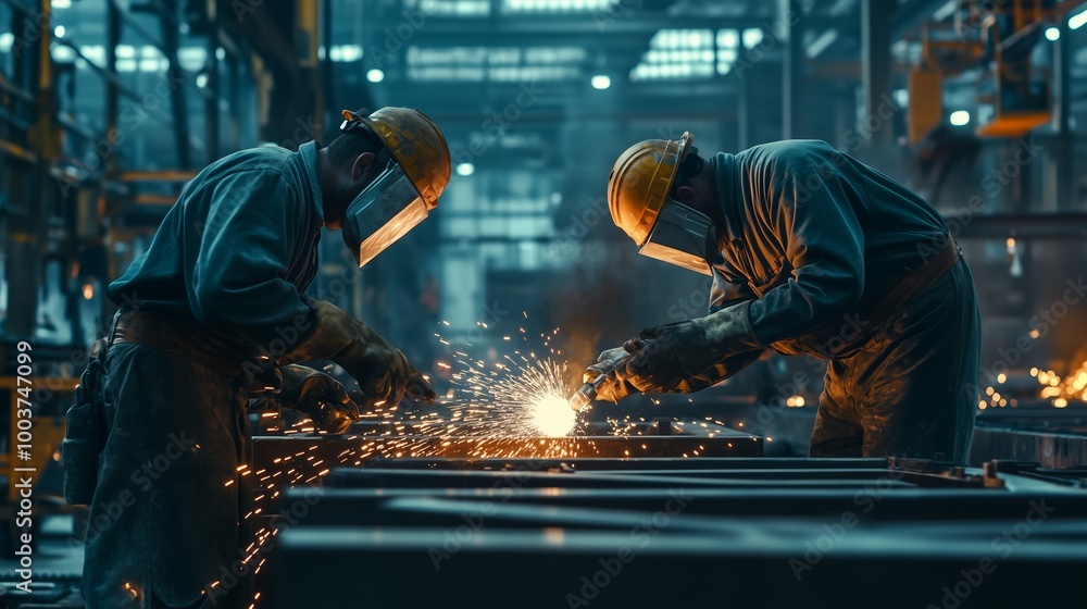 Workers engaged in welding activities in a bustling industrial workshop during late afternoon hours Workers engaged in welding activities in a bustling industrial workshop during late afternoon hours