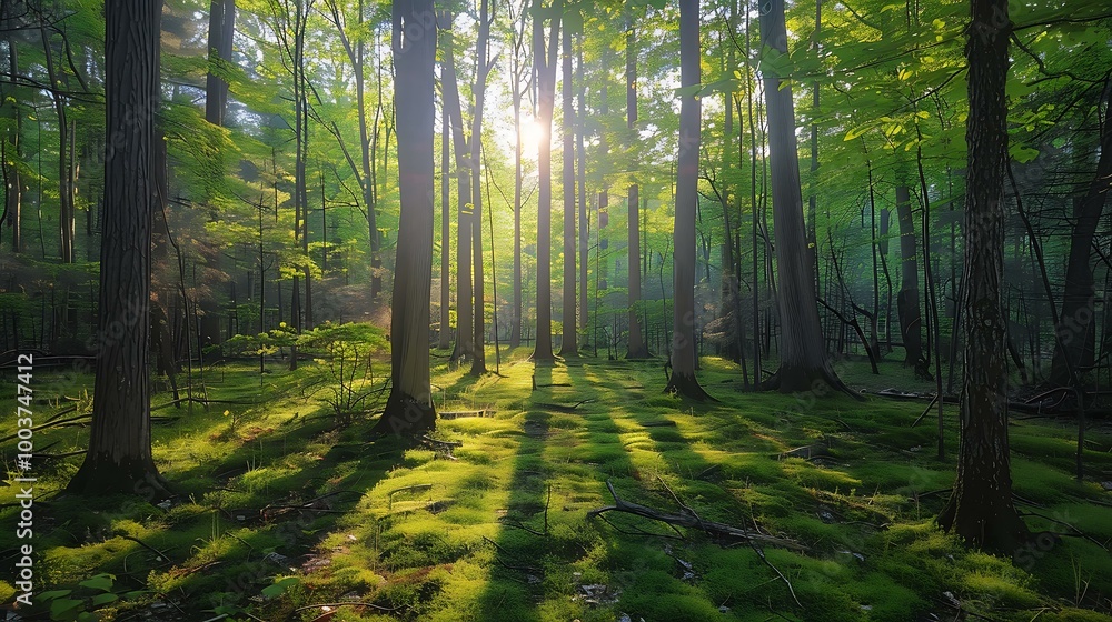 Obraz premium Tranquil spring forest, tall trees casting long shadows, beams of sunlight breaking through the branches, fresh moss covering the ground