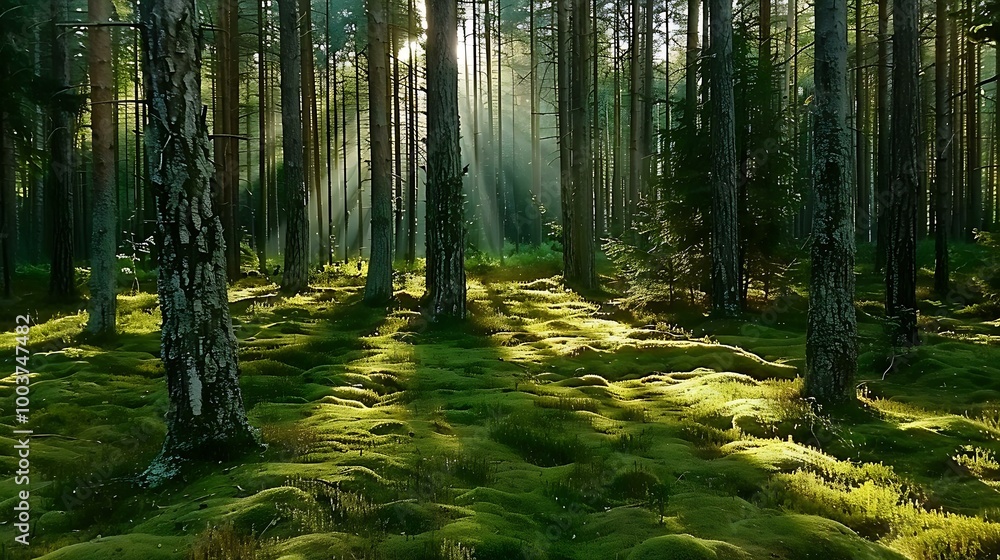 Obraz premium Tranquil spring forest, tall trees casting long shadows, beams of sunlight breaking through the branches, fresh moss covering the ground