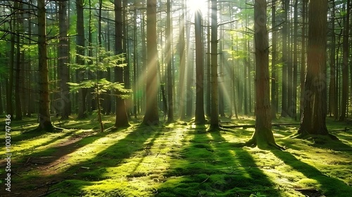 Tranquil spring forest, tall trees casting long shadows, beams of sunlight breaking through the branches, fresh moss covering the ground