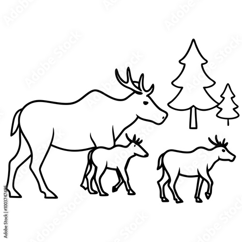 A Family of Moose Mother and Calves Vector Illustration of Wild Serenity 