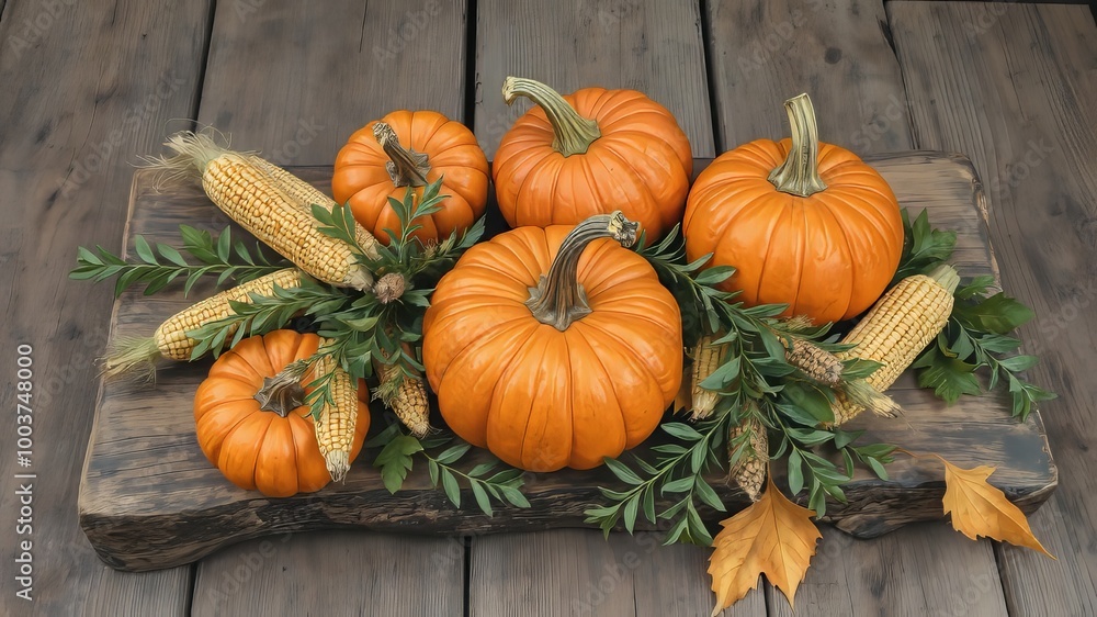 A rustic wooden plank is adorned with a harvest-themed still life arrangement, featuring vibrant orange pumpkins, A rustic wooden plank is adorned with a harvest-themed still life arrangement, featuring vibrant orange pumpkins,