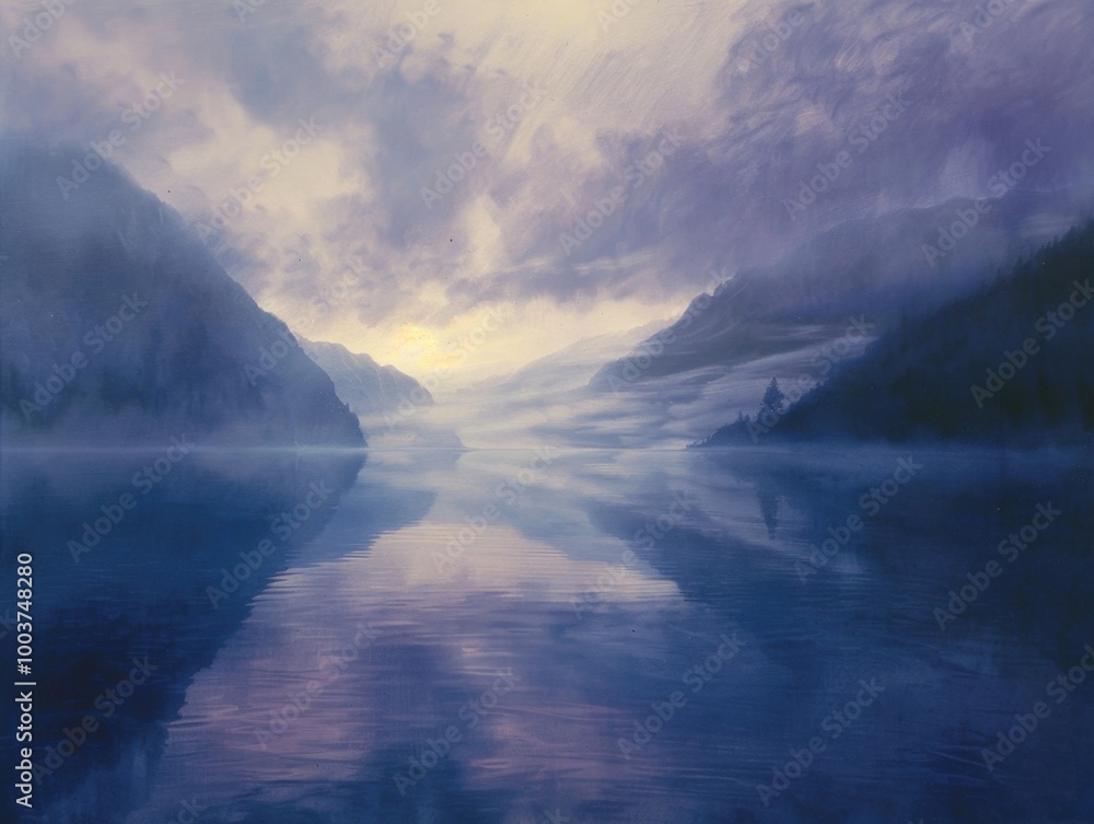 Serene Dawn Over a Quiet Lake with Low Hanging Clouds Serene Dawn Over a Quiet Lake with Low Hanging Clouds