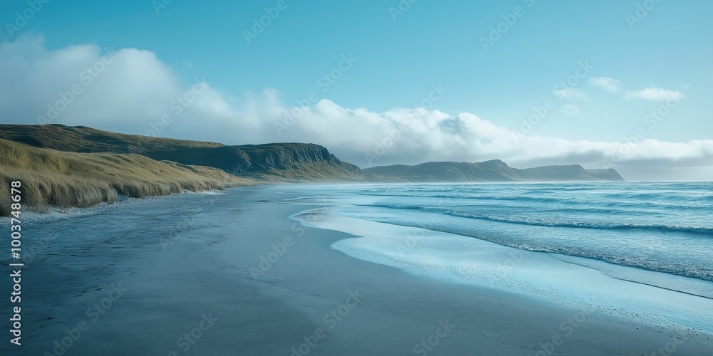 Serene coastal landscape with gentle waves and lush greenery under a clear blue sky; a perfect setting for relaxation and tranquility. Serene coastal landscape with gentle waves and lush greenery under a clear blue sky; a perfect setting for relaxation and tranquility.