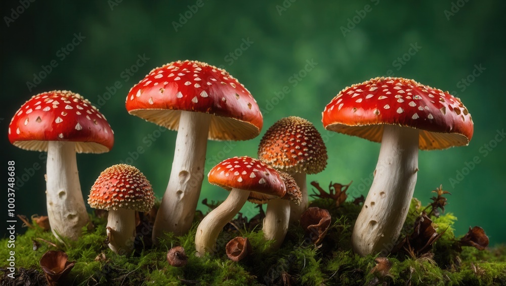 Obraz premium Close-up of three Amanita muscaria mushrooms with red caps and white spots