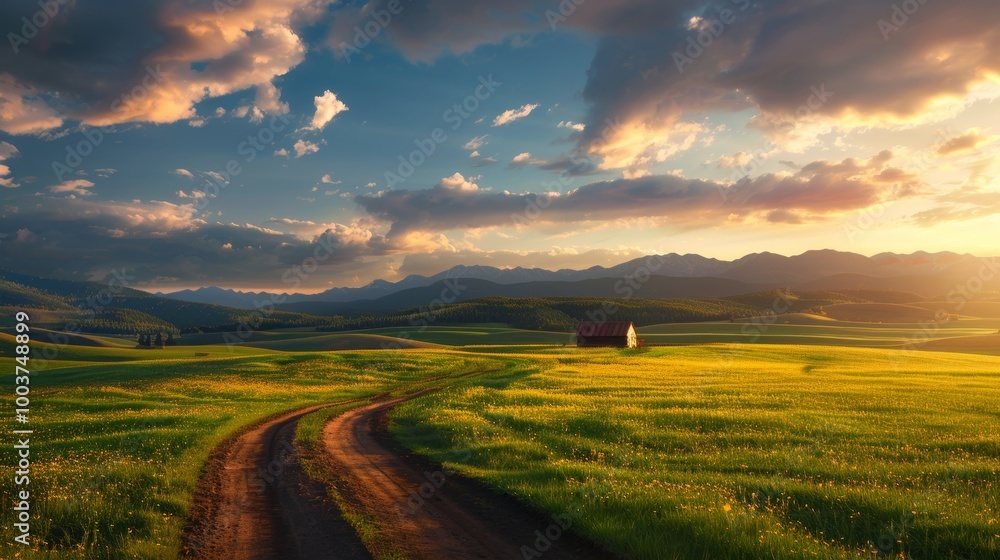 Fototapeta premium Scenic landscape with rolling hills, road, and dramatic sky during sunset, showcasing nature's beauty.