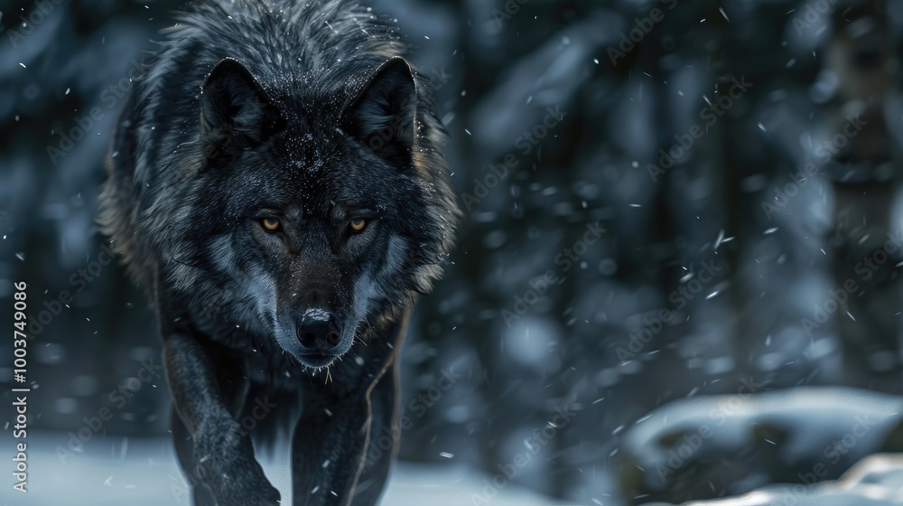 Black Phase Grey Wolf Canis lupus Steps Forward Staring Straight Out Winter captive animal Black Phase Grey Wolf Canis lupus Steps Forward Staring Straight Out Winter captive animal