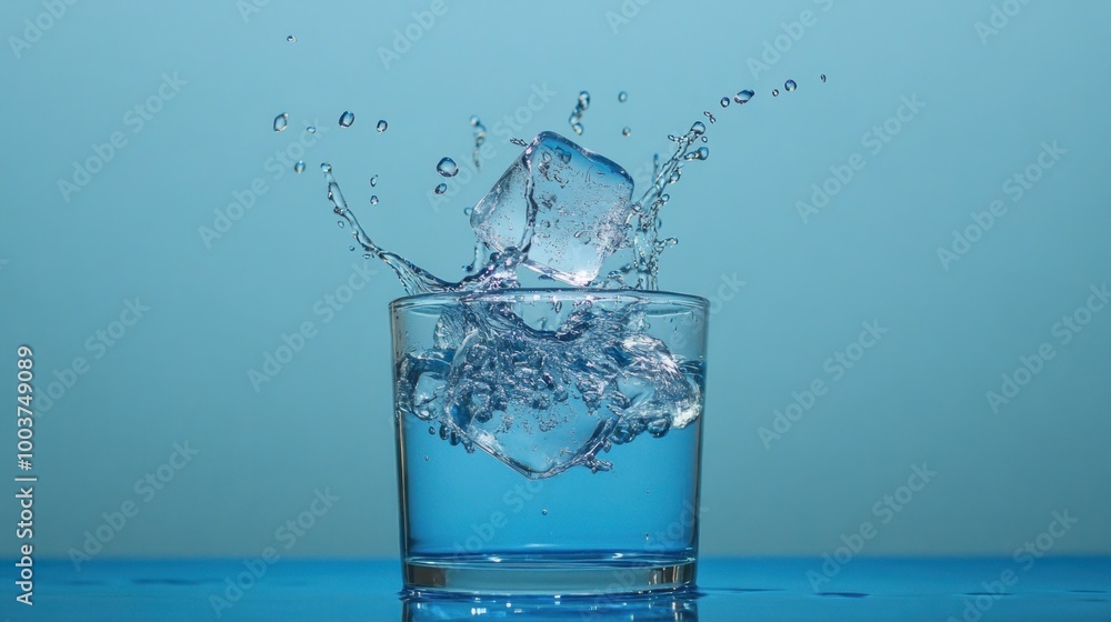 A splash of ice cubes in a glass of water against a blue background. A splash of ice cubes in a glass of water against a blue background.