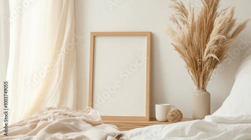 A serene bedroom scene featuring a blank frame, vase with dried plants, and cozy decor.