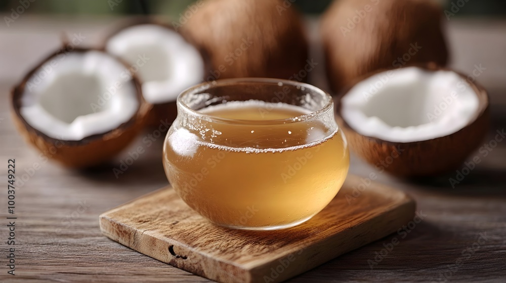 a small, round glass bowl filled with a light brown liquid, placed on a wooden square coaster. In the background, there are several halved coconuts with their white flesh visible a small, round glass bowl filled with a light brown liquid, placed on a wooden square coaster. In the background, there are several halved coconuts with their white flesh visible