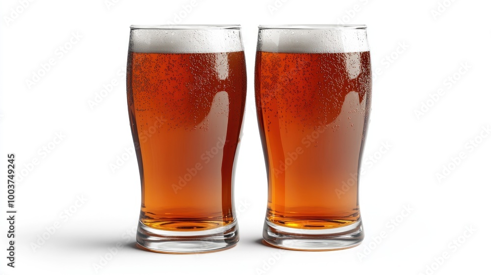 Two Glasses of Amber Beer with Foam on Top Two Glasses of Amber Beer with Foam on Top