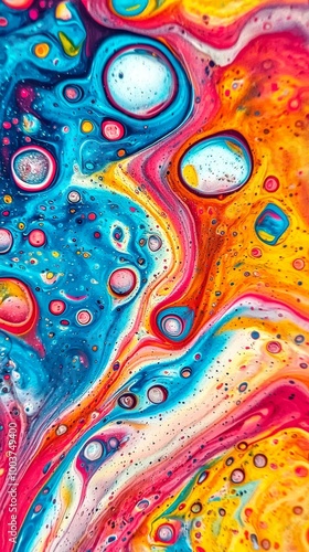 numerous bubbles at the image's base Bottom layer displays a mix of blue, yellow, and pink hues Top layer exhib