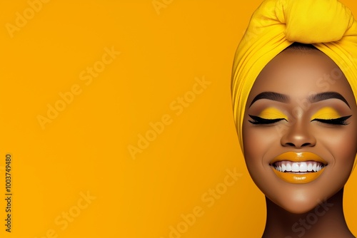 Woman with makeup is smiling. She is wearing a yellow scarf. A cheerful African woman wearing makeup, her eyes closed as she smiles with satisfaction. orange studio background