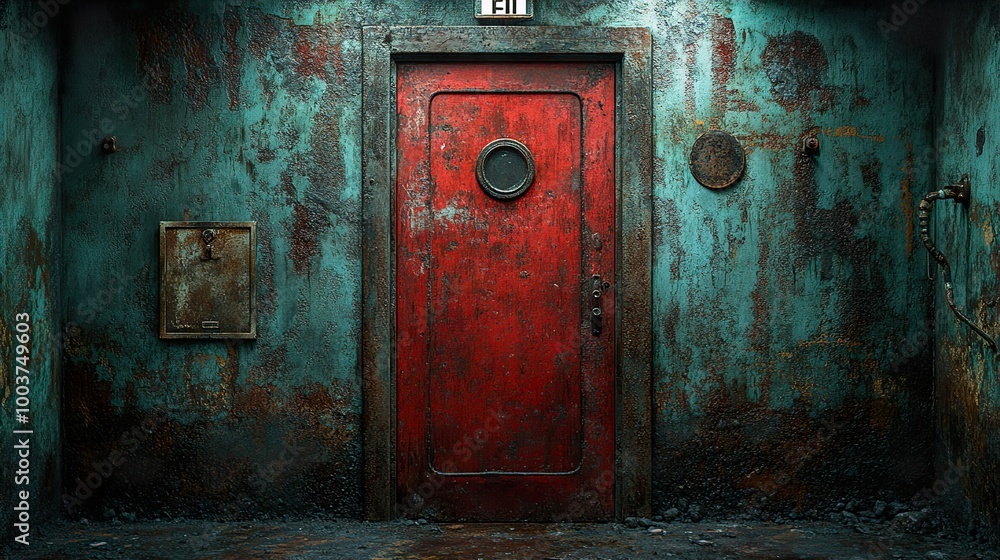 Rusty Red Door in Abandoned Industrial Building Rusty Red Door in Abandoned Industrial Building