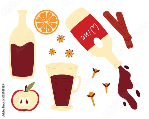 A set of ingredients for mulled wine. Collection for preparing hot grog. Vector illustration in flat style. Autumn winter hot drink.