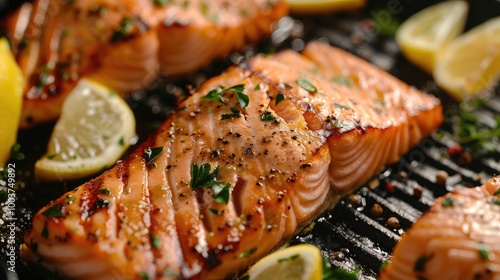 Gourmet salmon fillet sesoned with fresh herbs and spices grilling on a griddle in close up witb lemon wedges and copyspace photo