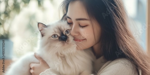 A woman is holding a cat and smiling. The cat is white and fluffy. The woman seems to be happy and content while holding the cat