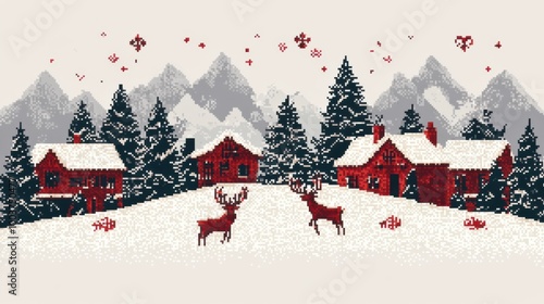 Flying reindeer and Santaa??s sleigh, white backdrop, Christmas trees and hearts in red, detailed pixel knitwork, cute and seamless pattern.