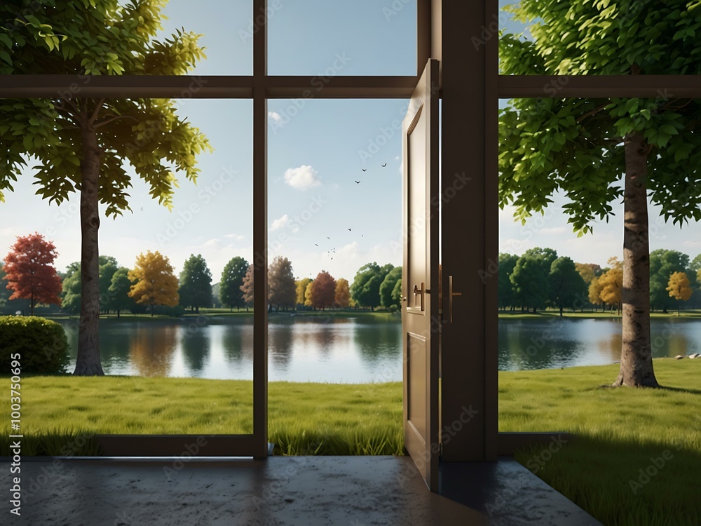 3D render of an open door with a park scene outside. 3D render of an open door with a park scene outside.