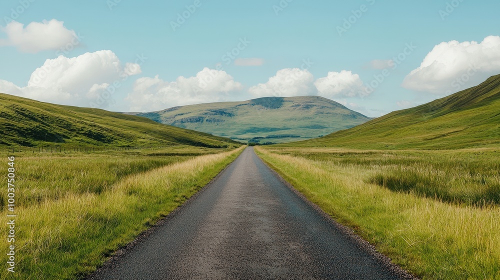 Scenic landscape with open road leading through lush green hills under a clear blue sky. Scenic landscape with open road leading through lush green hills under a clear blue sky.
