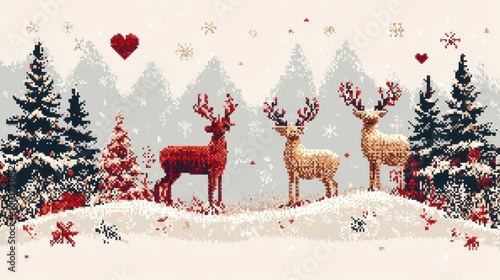 Flying reindeer and Santaa??s sleigh, white backdrop, Christmas trees and hearts in red, detailed pixel knitwork, cute and seamless pattern. photo