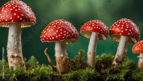 Triptych of Amanita muscaria mushrooms with red caps and white spots in a forest