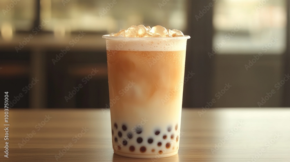 Refreshing Bubble Tea with Creamy Topping and Ice Refreshing Bubble Tea with Creamy Topping and Ice