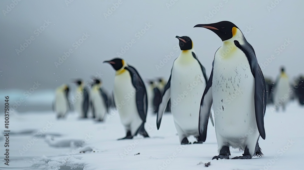 Fototapeta premium Emperor penguin band walks together on white snow to sea
