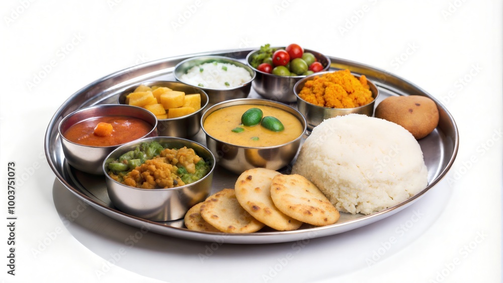 Indian Food Platter: Indian Thali Featuring Veg Thali with Paratha, Rice, Aloo Bhaji, Puri, and a Complete South Indian Meal
Indian Food Platter: Indian Thali Featuring Veg Thali with Paratha, Rice, Aloo Bhaji, Puri, and a Complete South Indian Meal