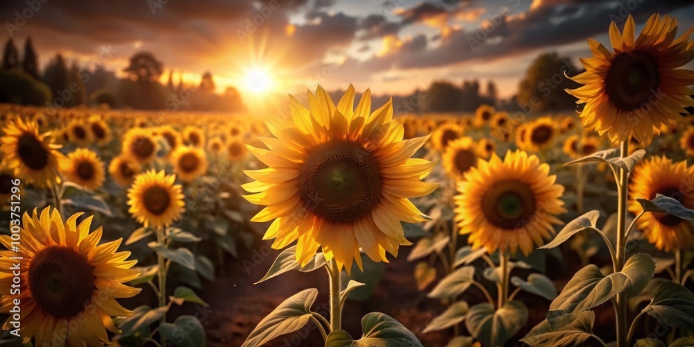 Fototapeta premium Sunflowers in a field at sunset, summer, nature