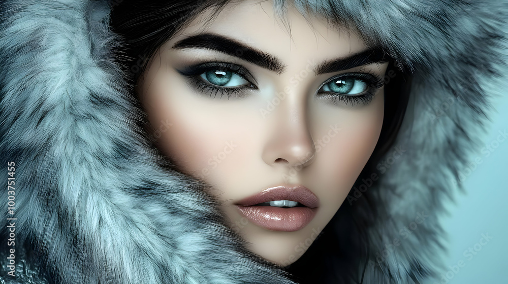 Winter Fashion: Fur Hood, Blue Eyes, Soft Lips, Feminine Style Winter Fashion: Fur Hood, Blue Eyes, Soft Lips, Feminine Style