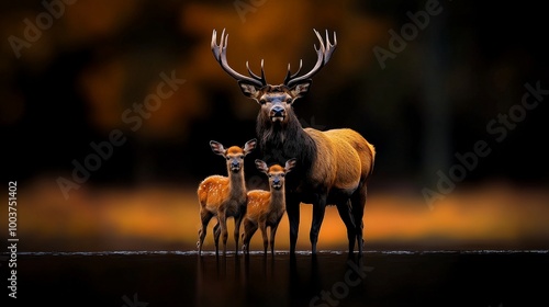 Majestic Elk Family: An awe-inspiring portrait of a majestic elk and its two fawns standing in a serene, autumnal forest, reflecting the beauty of the natural world. The elk's antlers.