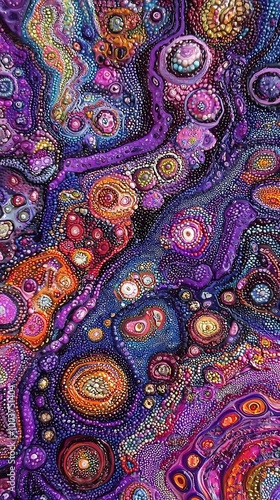  A detailed depiction of a painting showcasing an array of various-sized and hue circles assembled at its base